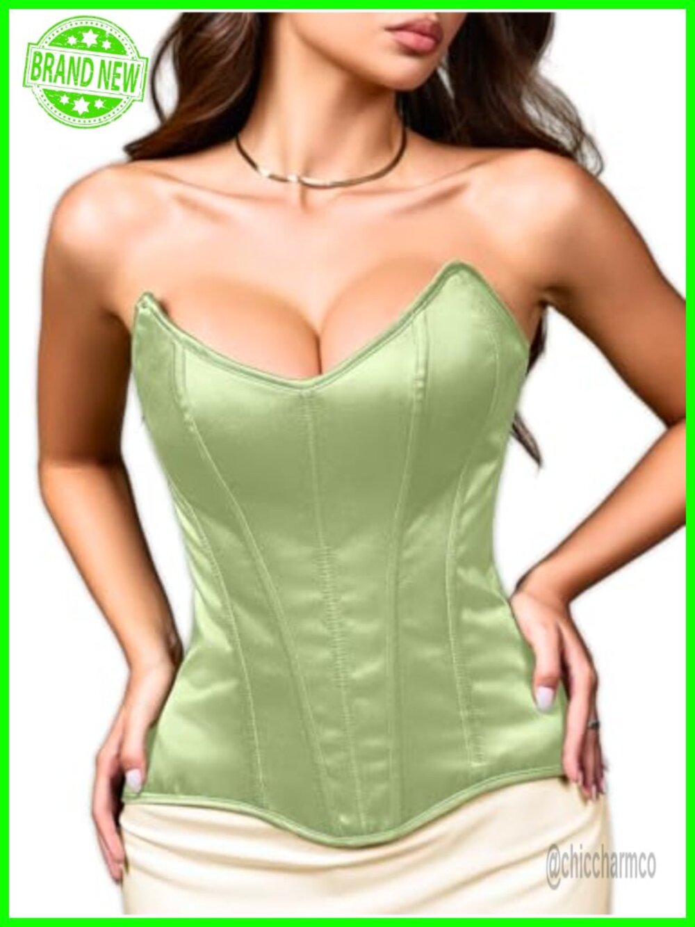 Satin Lace Up Overbust Corset Top Steel Boned Bustier